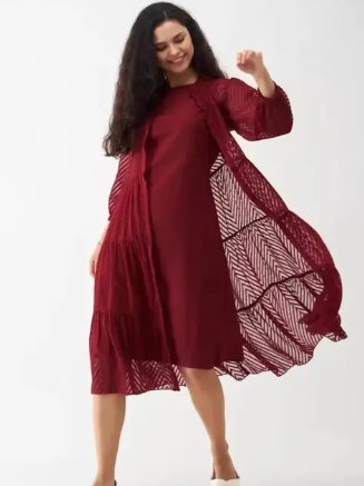 Latest Premium Quality Georgette Woven Zikzak Design Shrug Style Jacket Kurta With Separate Stitched Inner