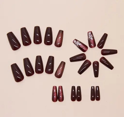 Set of 24 Artificial Reusable Nails in Dark Burgundy with cateye effect design with glue