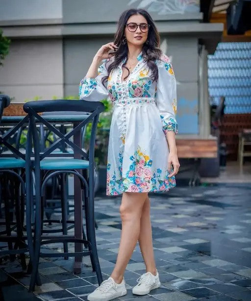 Puff Sleeve Stylist Floral Printed Dresses For Women